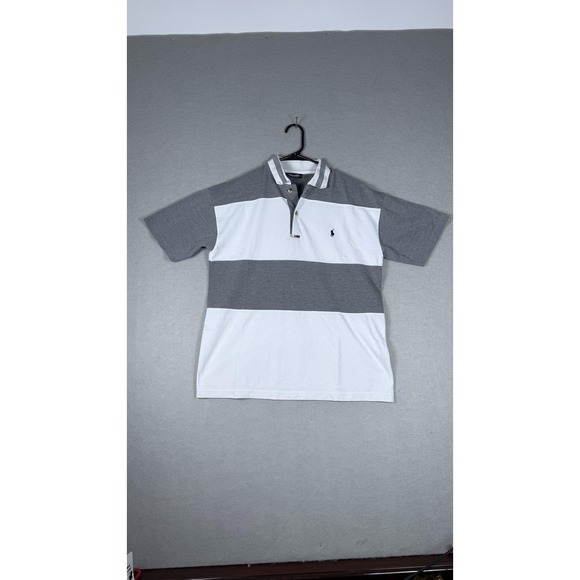 Vintage Polo Ralph Lauren Shirt Mens Large Gray White Striped Rugby Made USA 90s - Picture 1 of 9